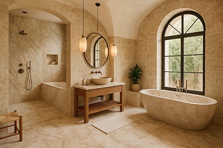 Salle de bains méditerranéenne marbre pierre naturelle et esprit spa